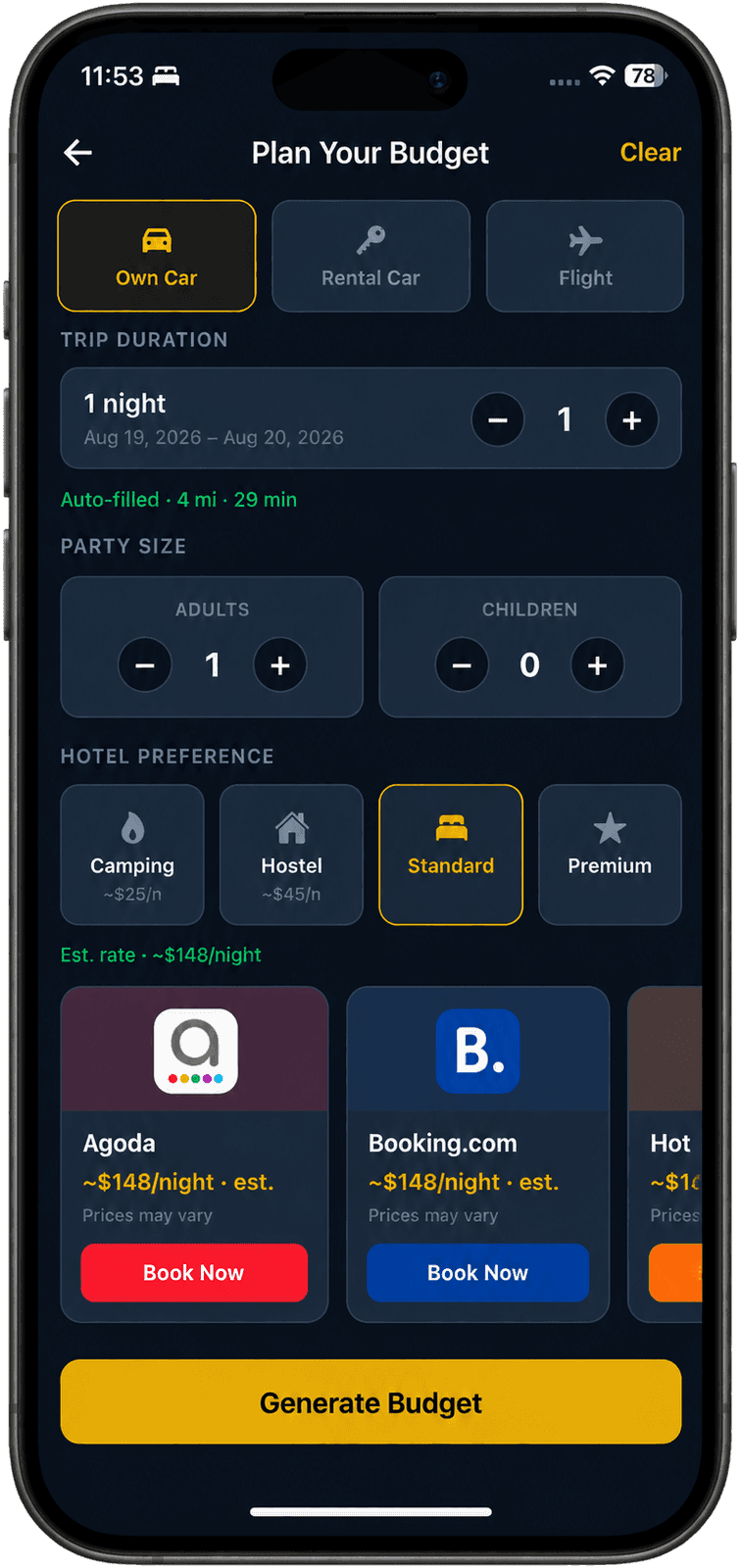 Karoosa Budget builder screen
